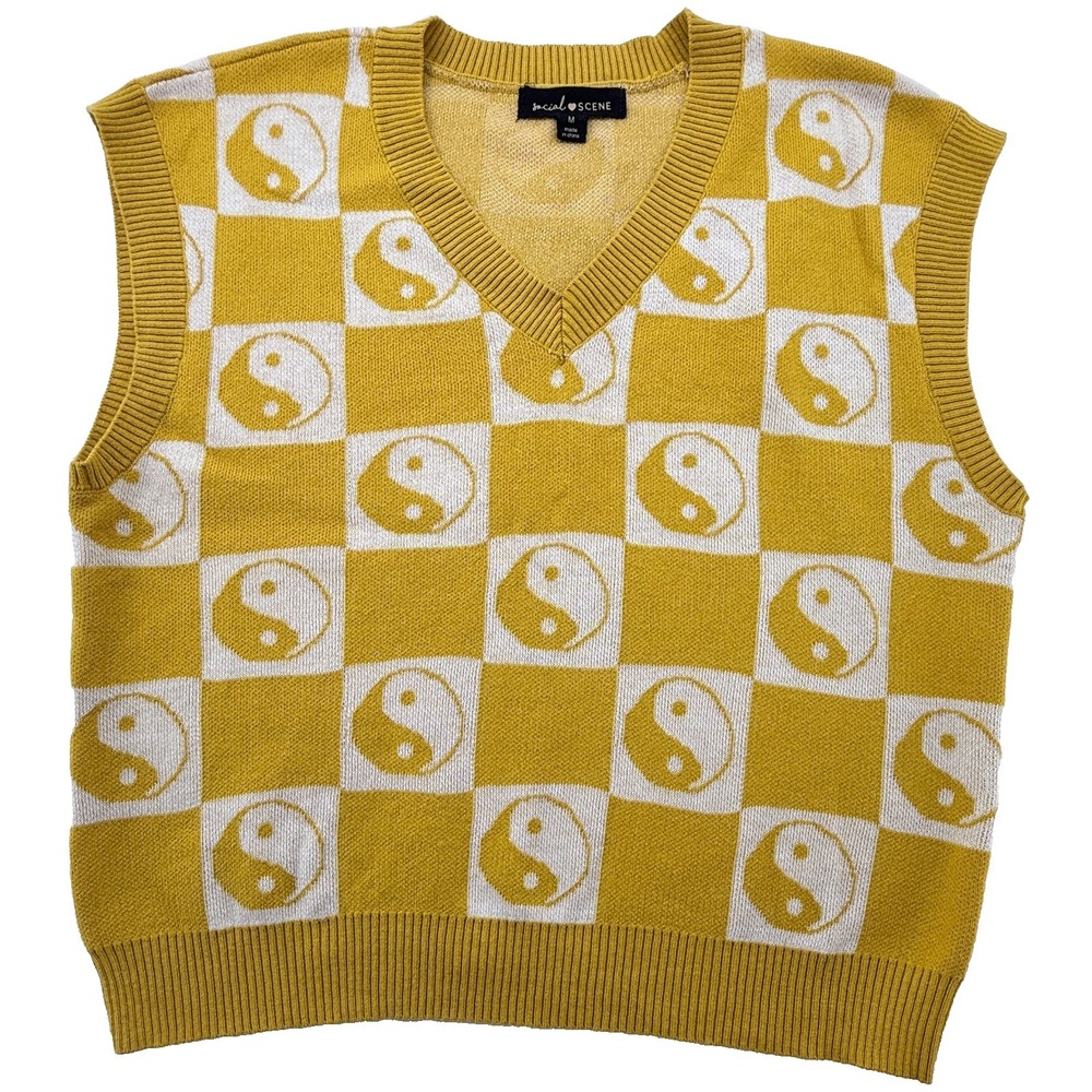 Social Scene Yin Yang Sweater Vest Womens M Yellow Checkered Knit‎ Trendy Preppy